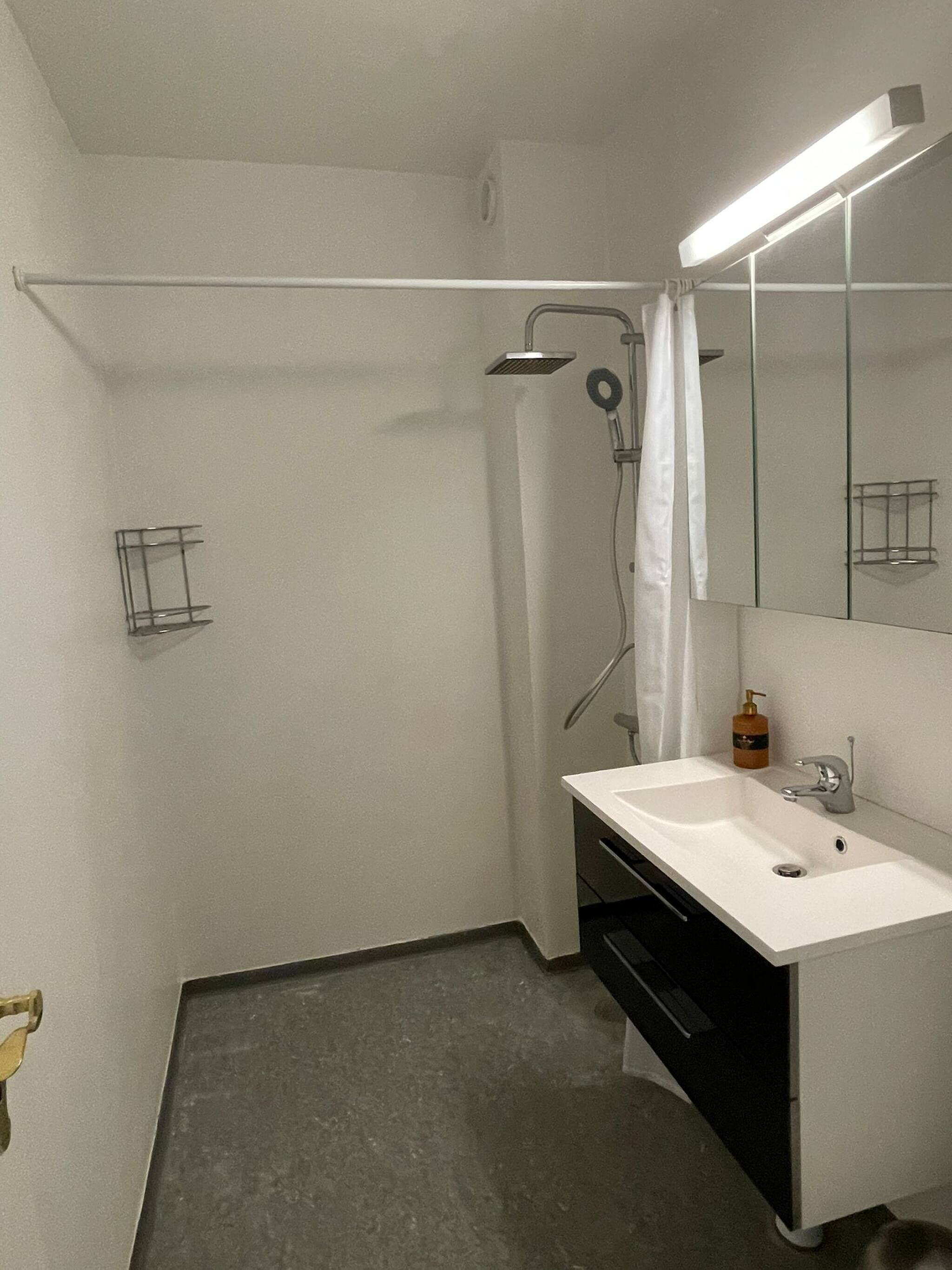 A modern bathroom with a white sink, a shower, and a mirror.