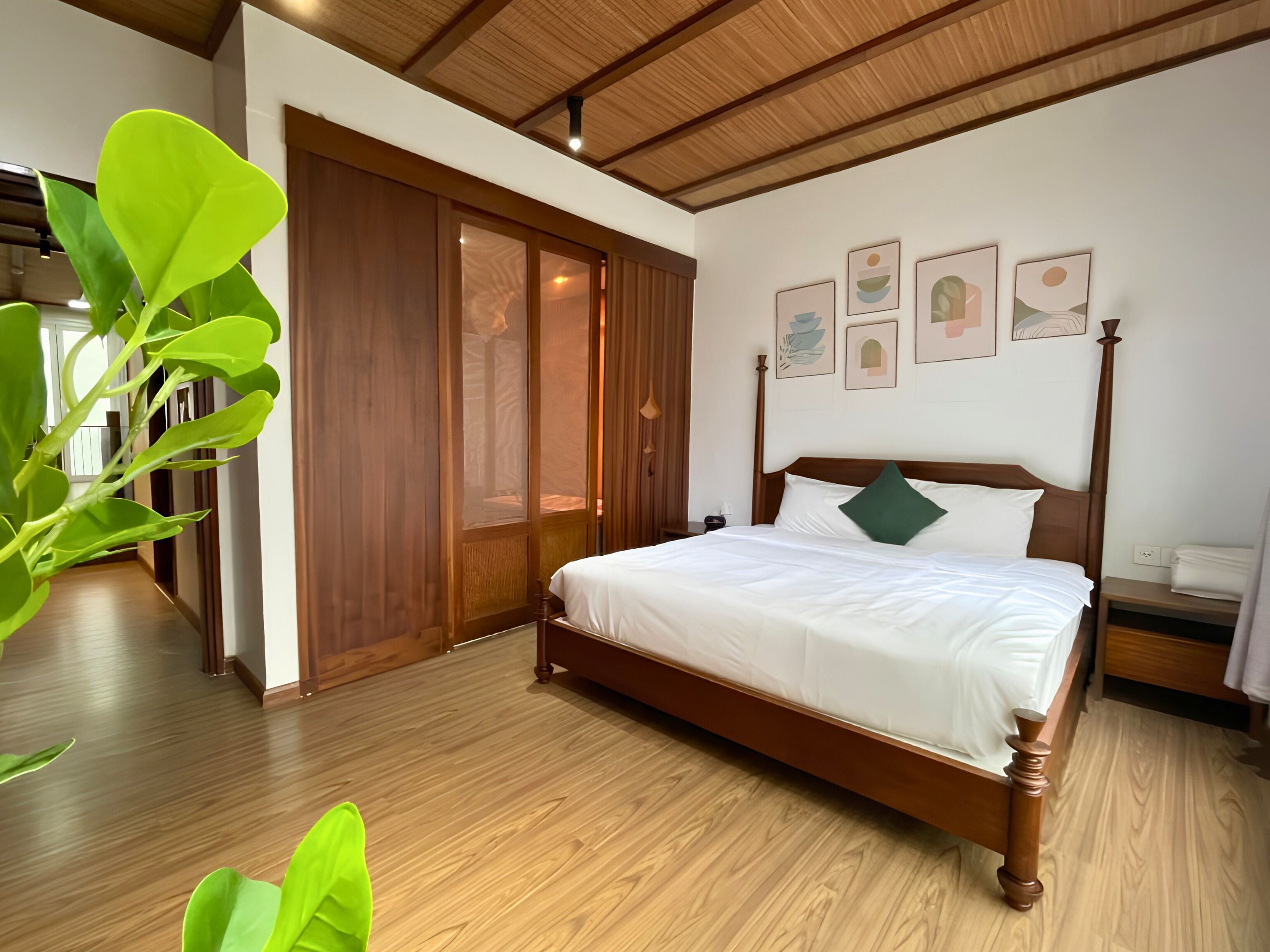 A bedroom with a wooden bed, a nightstand, a bedside table, and a large green plant.