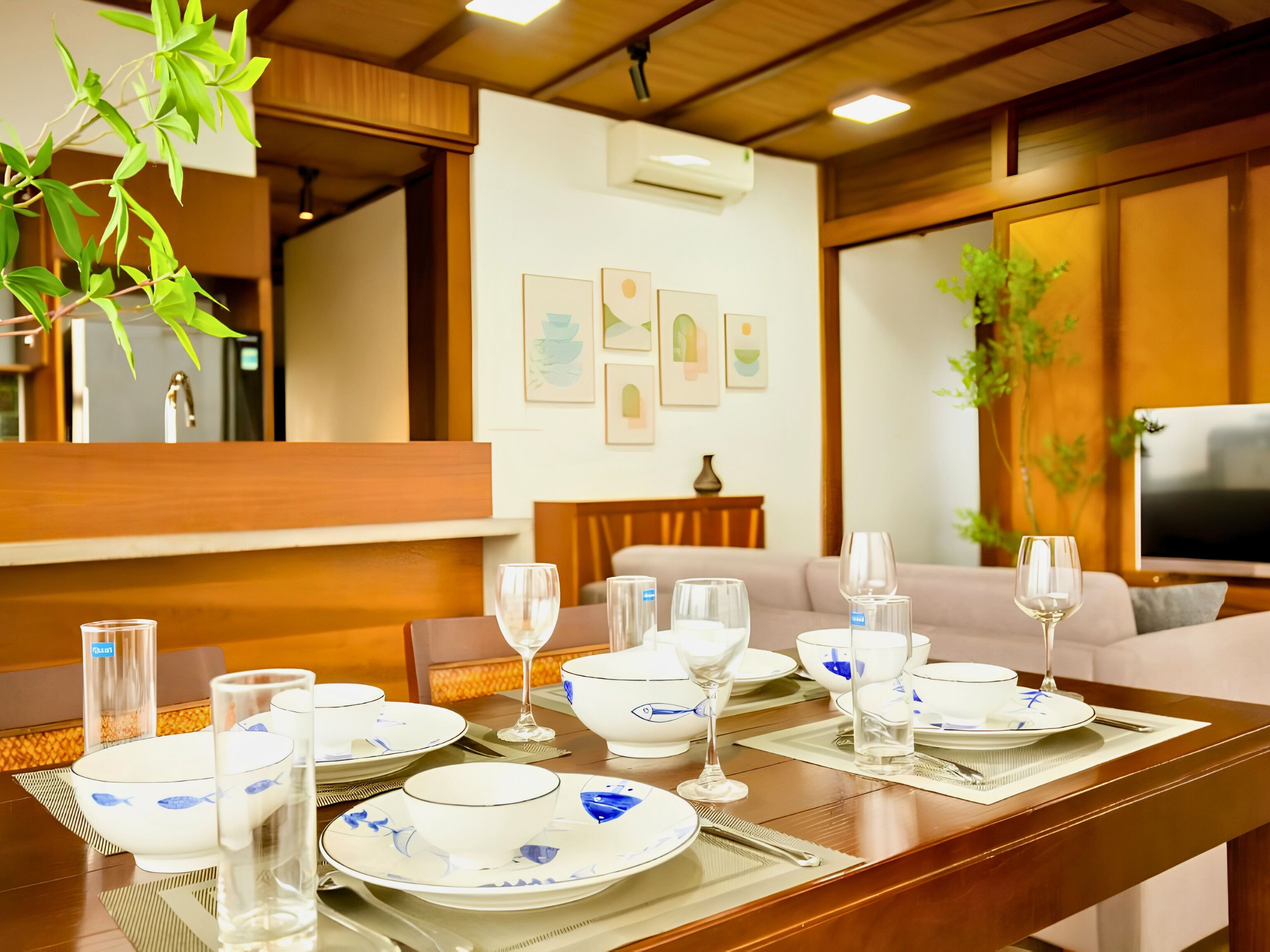 A dining area with a wooden table set for a meal, surrounded by a sofa and a television.