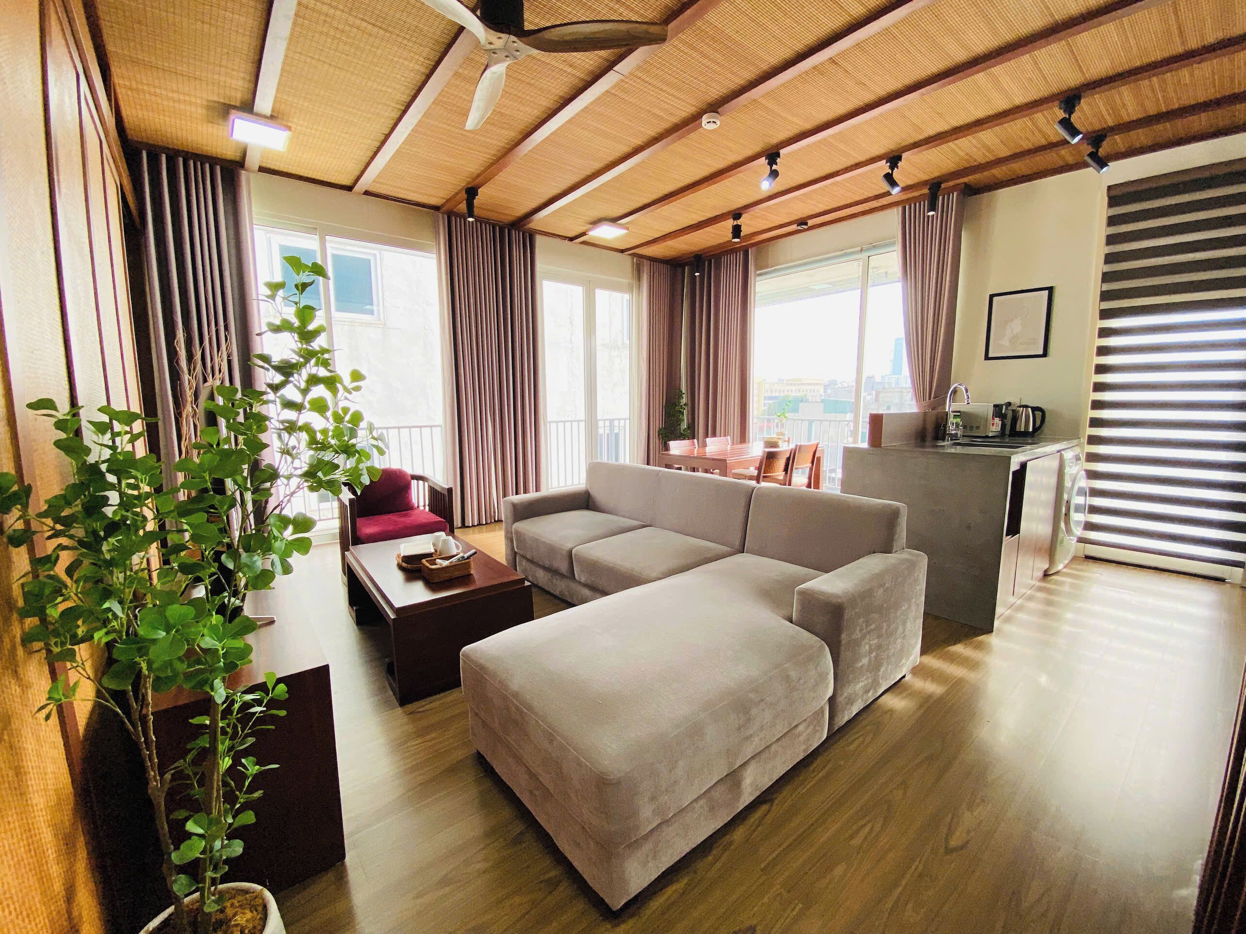 Un salon moderne avec un canapé, une table basse et une plante en pot.