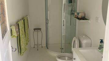Hair dryer, towels, soap, toilet paper
