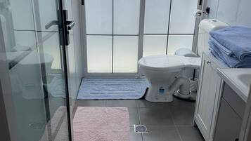 Shower, towels, toilet paper