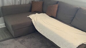 A corner sofa with a white throw blanket, grey cushions, and a grey rug. - Cabin and horse paddock for rent (Bective)