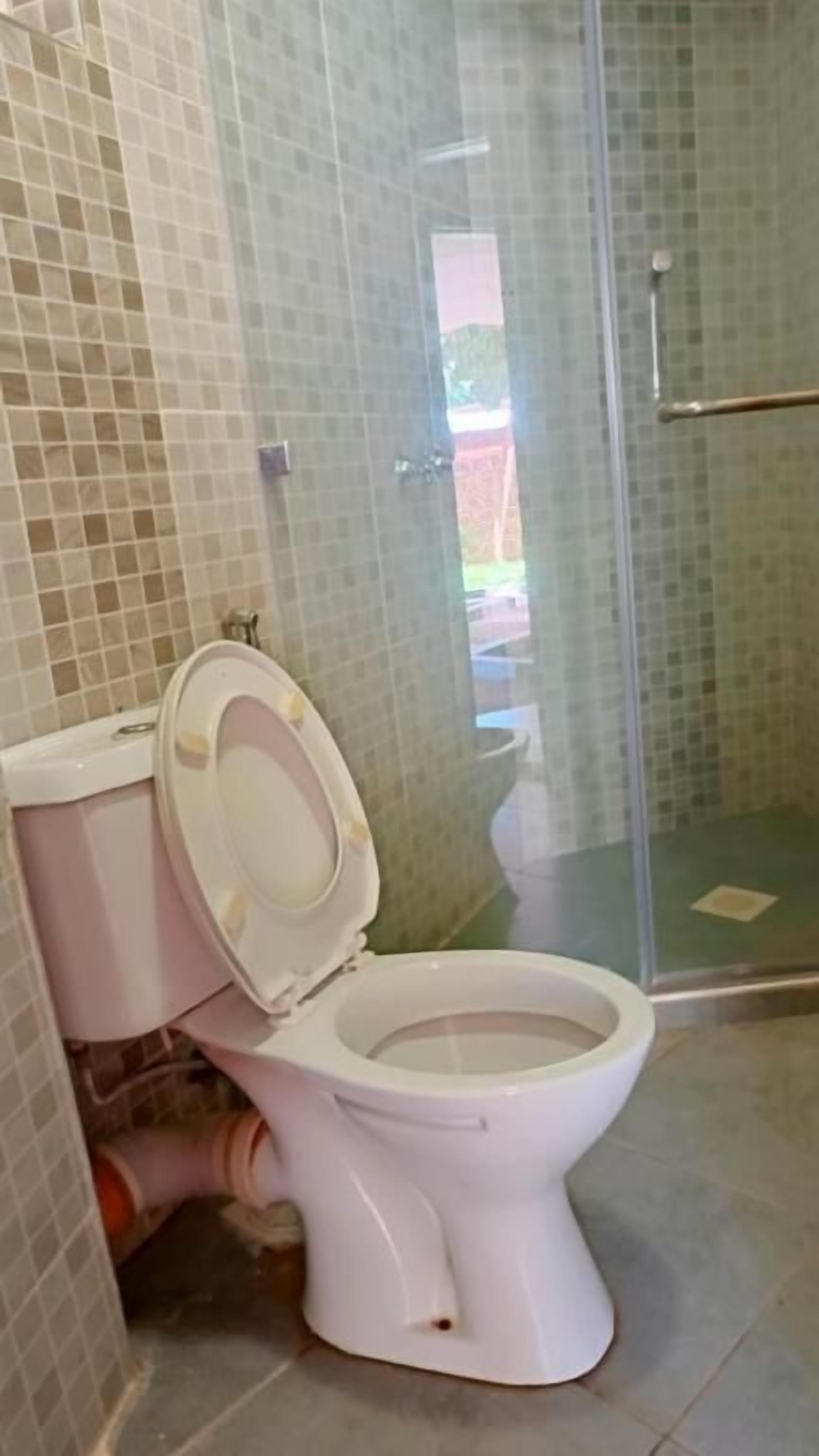 A bathroom with a toilet, a glass shower enclosure, and tiled walls.