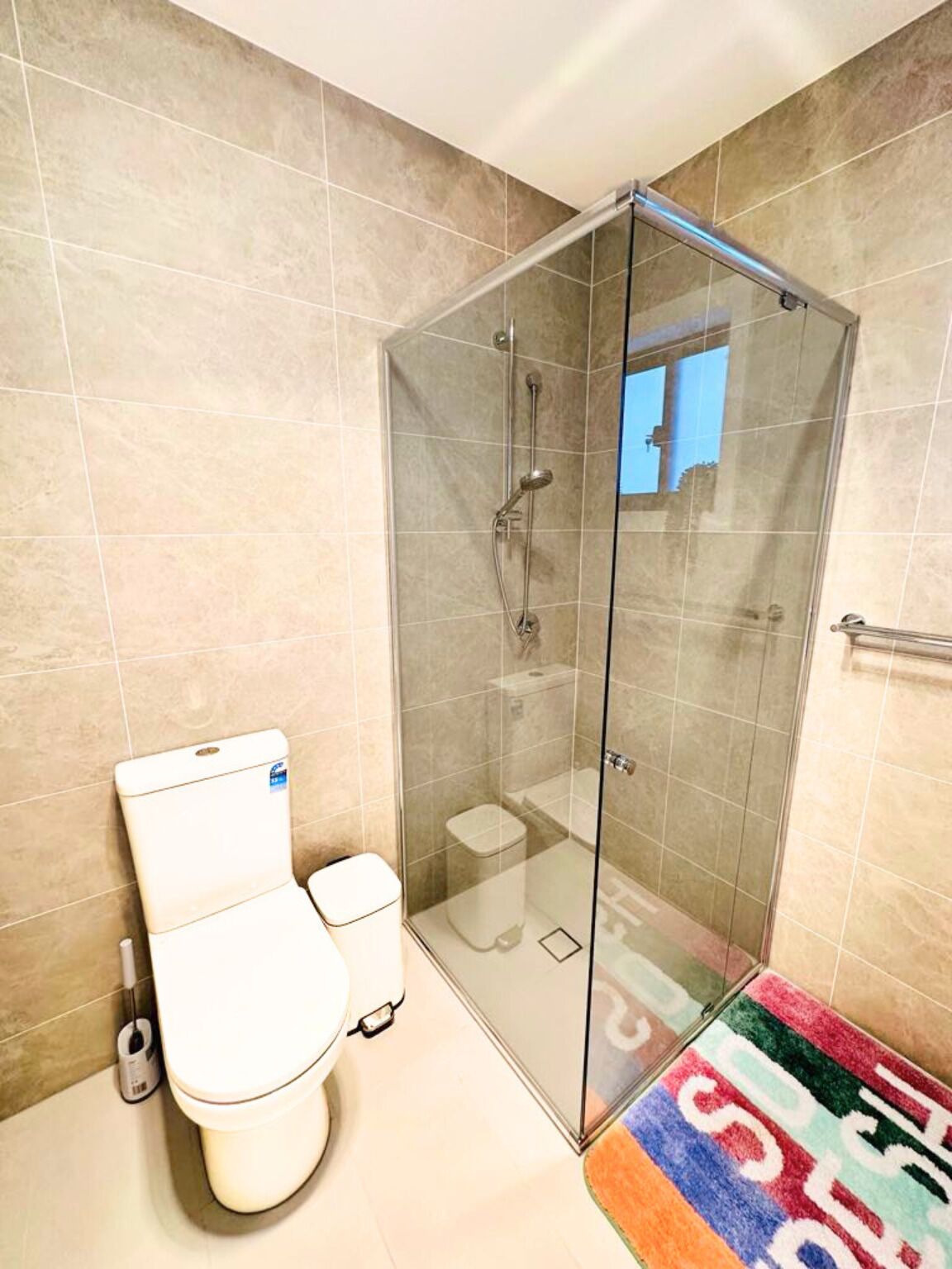 A bathroom with a glass-enclosed shower, a toilet, and a colorful rug.