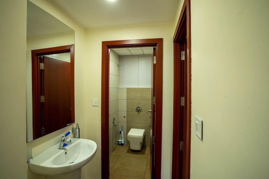 Un baño estrecho con un lavabo blanco, un espejo y un inodoro.