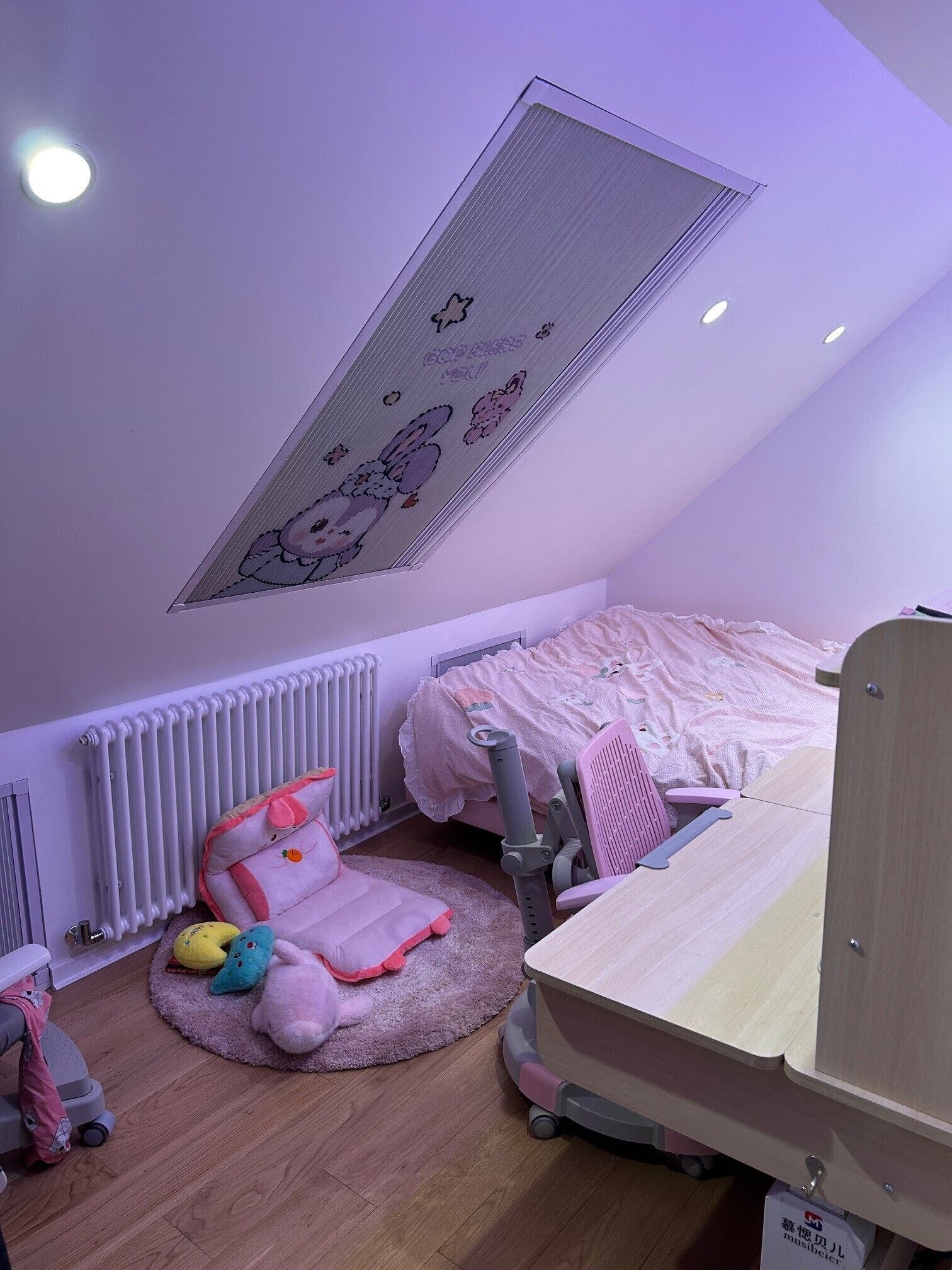 Un dormitorio infantil con literas, un escritorio y un radiador.