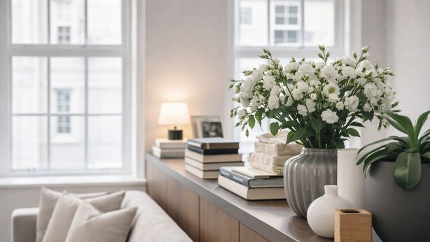 A modern living room with a sofa, a coffee table, a vase of white flowers, books, and a lamp. - Sophisticated 3-Bed Residence for 6 | Urban Calm (London)
