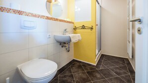 Baño con inodoro, lavabo, espejo y zona de ducha.