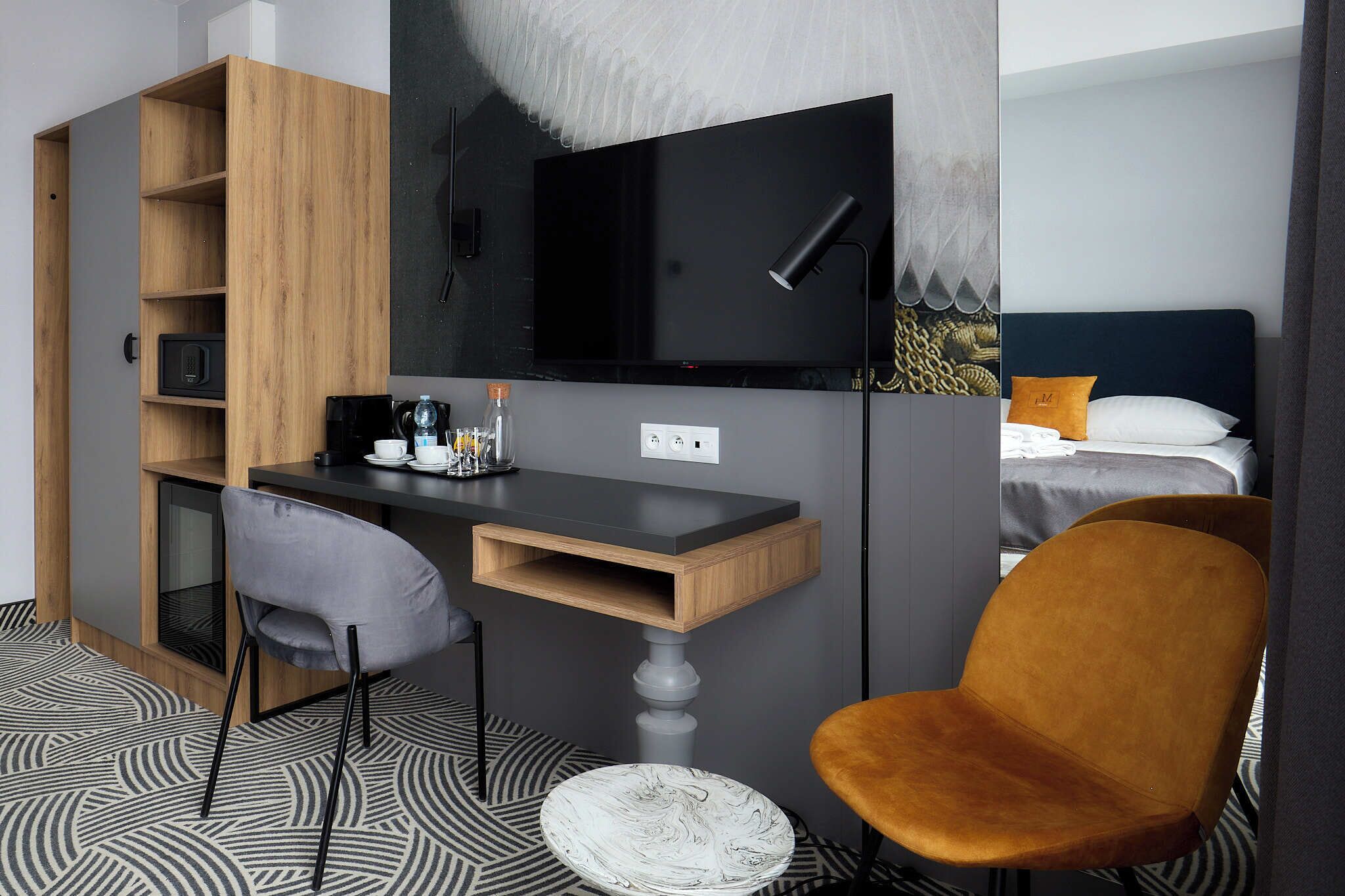 In-room safe, desk, laptop workspace, soundproofing