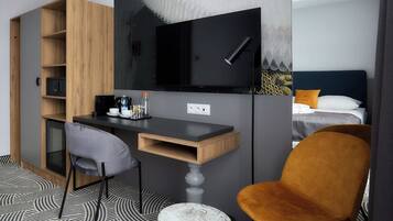 In-room safe, desk, laptop workspace, soundproofing