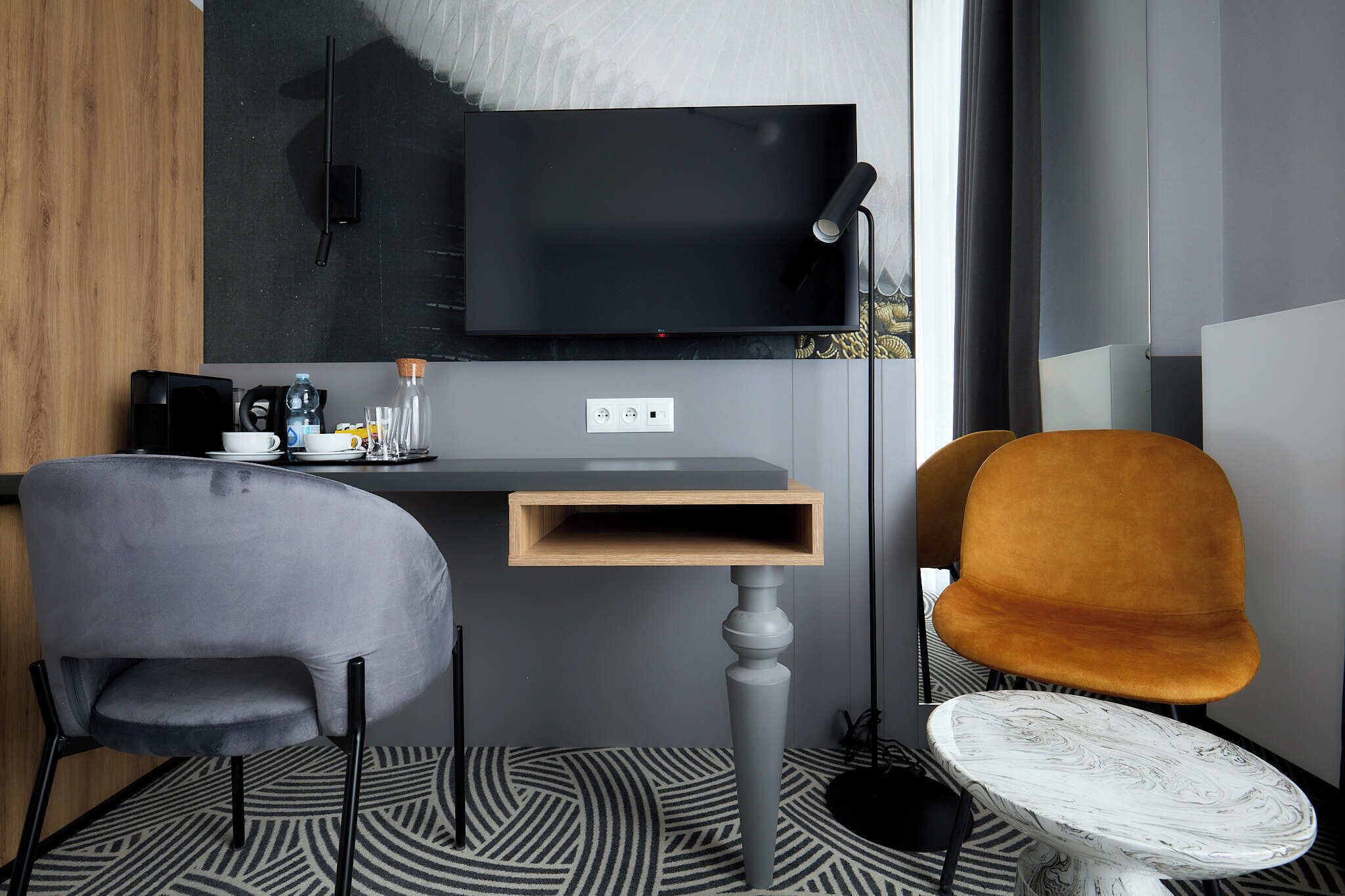 In-room safe, desk, laptop workspace, soundproofing