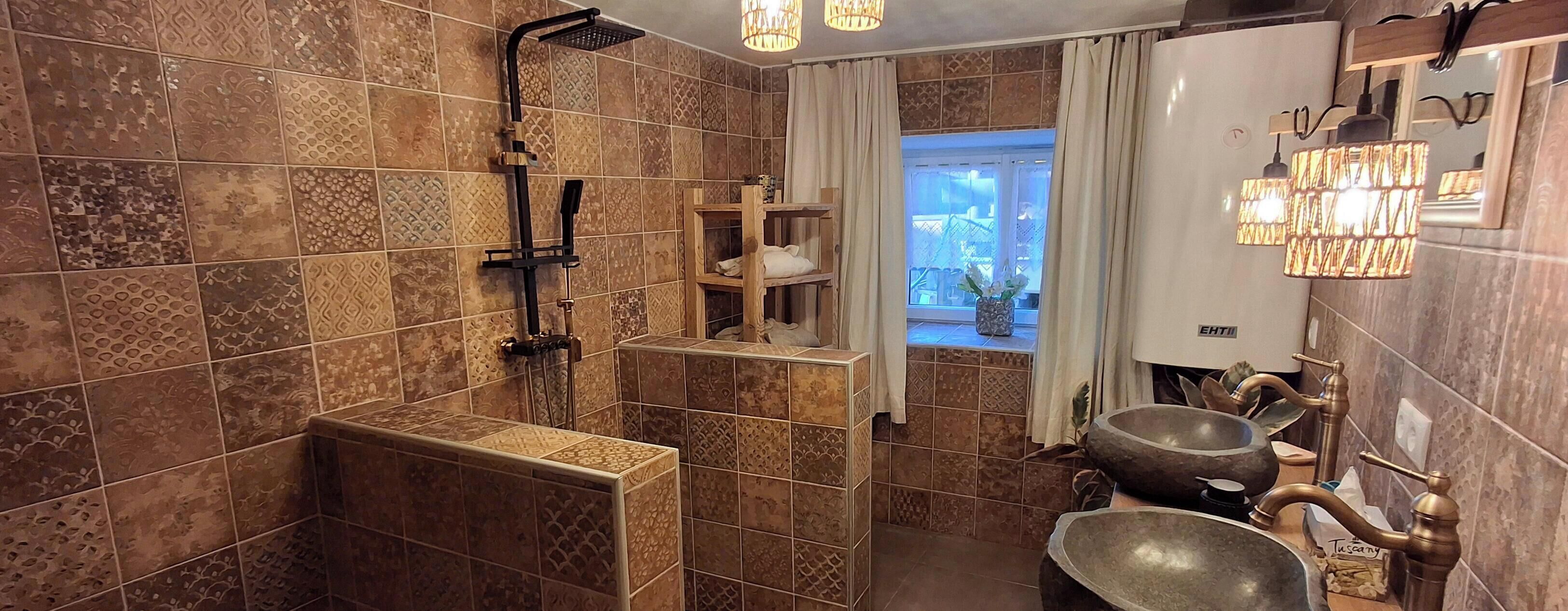 Shower, towels, soap, toilet paper