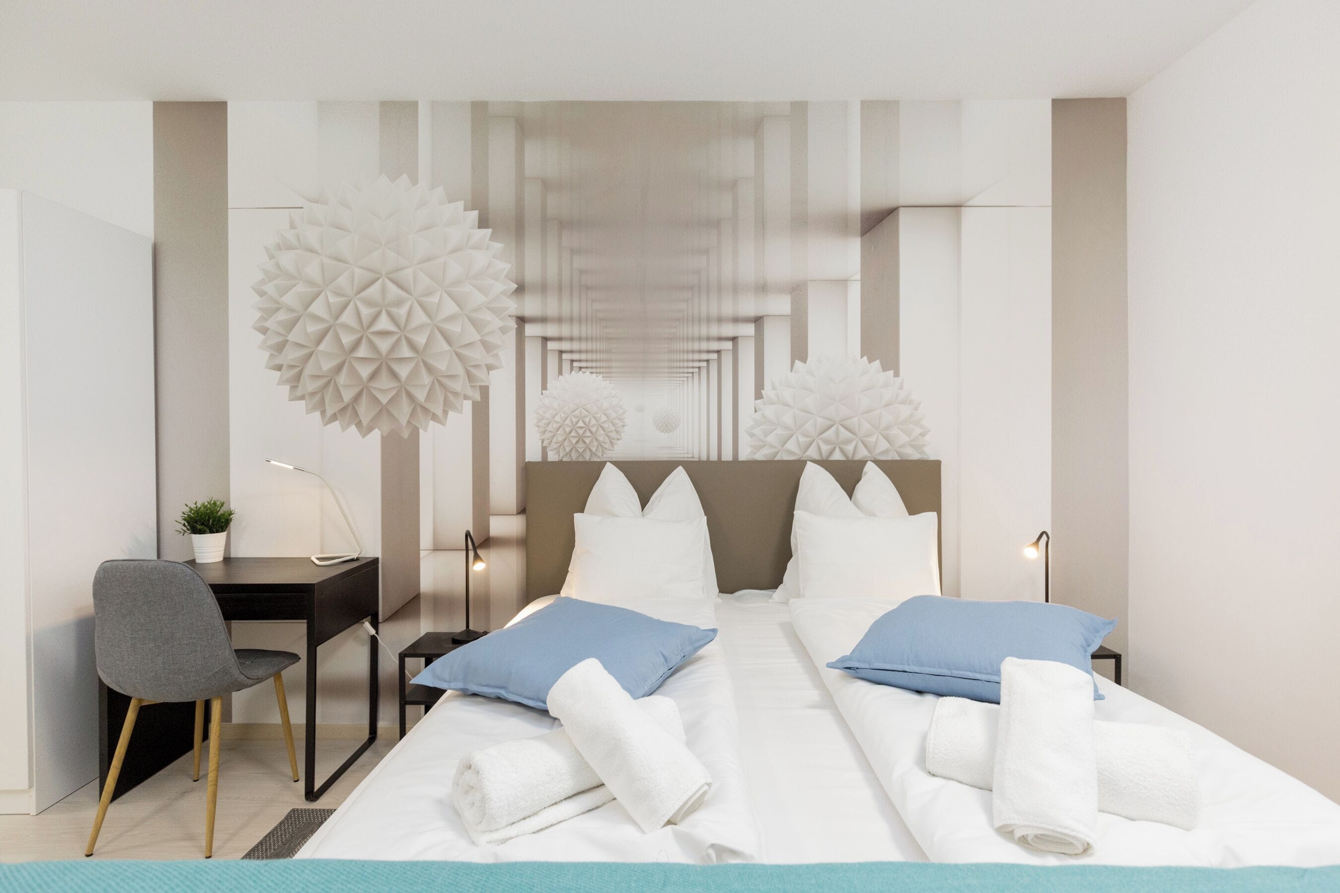 Desk, laptop workspace, blackout curtains, soundproofing