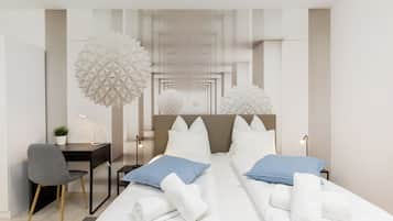 Desk, laptop workspace, blackout curtains, soundproofing