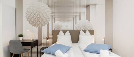 Desk, laptop workspace, blackout curtains, soundproofing