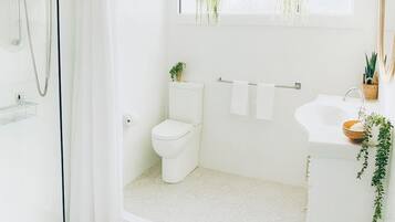 Douche, sèche-cheveux, serviettes fournies, savon