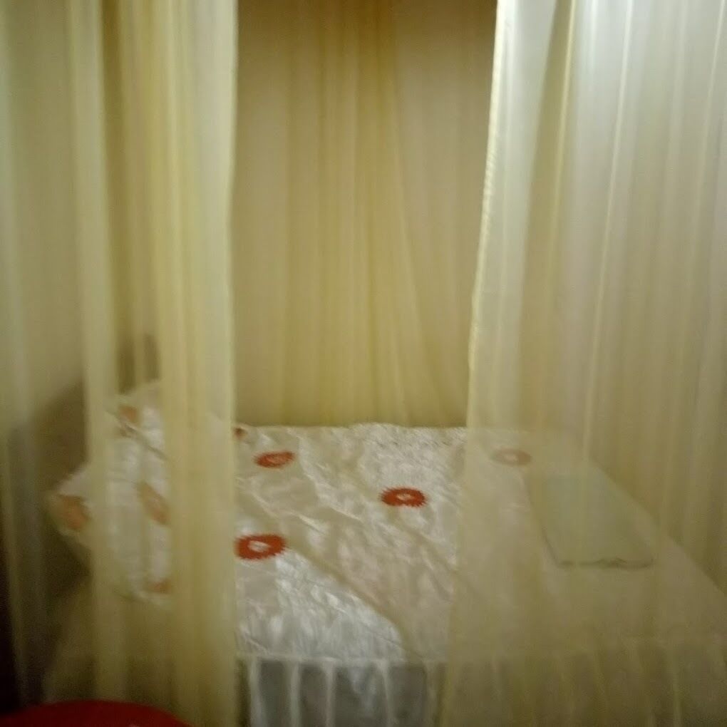 A small, enclosed sleeping area with a canopy, a mattress with a floral pattern, and a pillow.