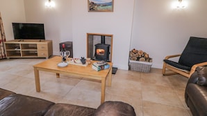 A cozy living room with a fireplace, a television, and a comfortable seating area. - Foyle Cottage (Strabane)