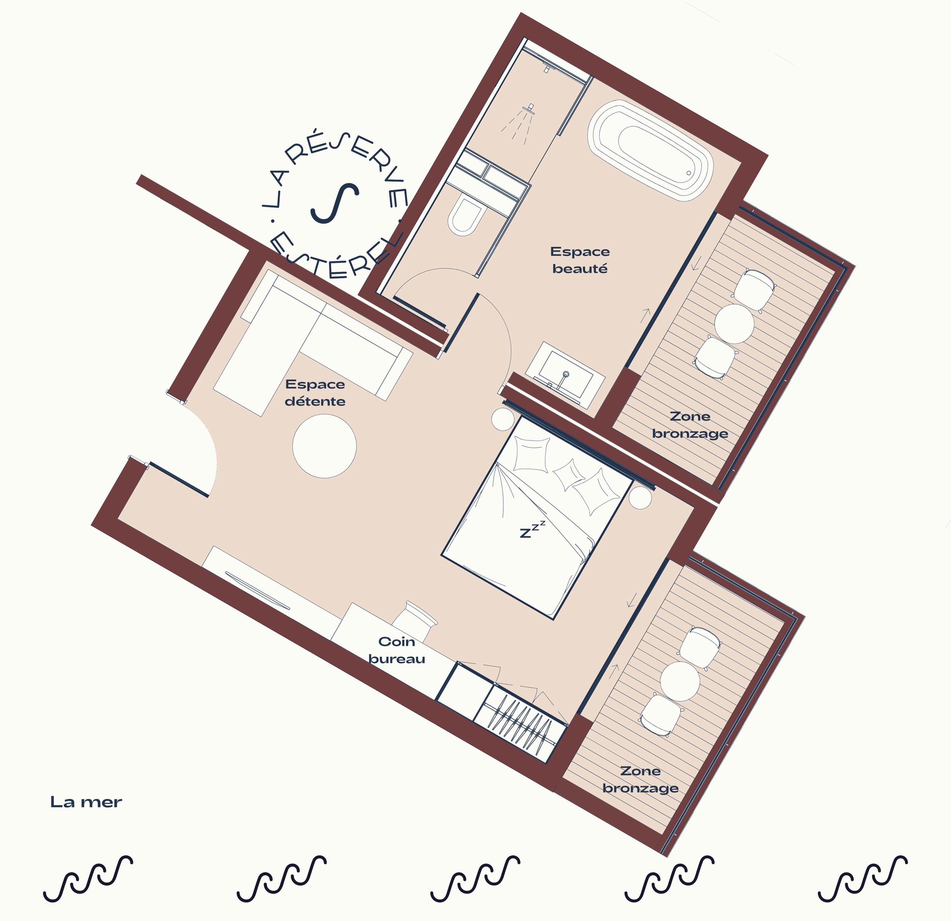 A hotel floor plan with a bedroom, bathroom, living area, and a pool.
