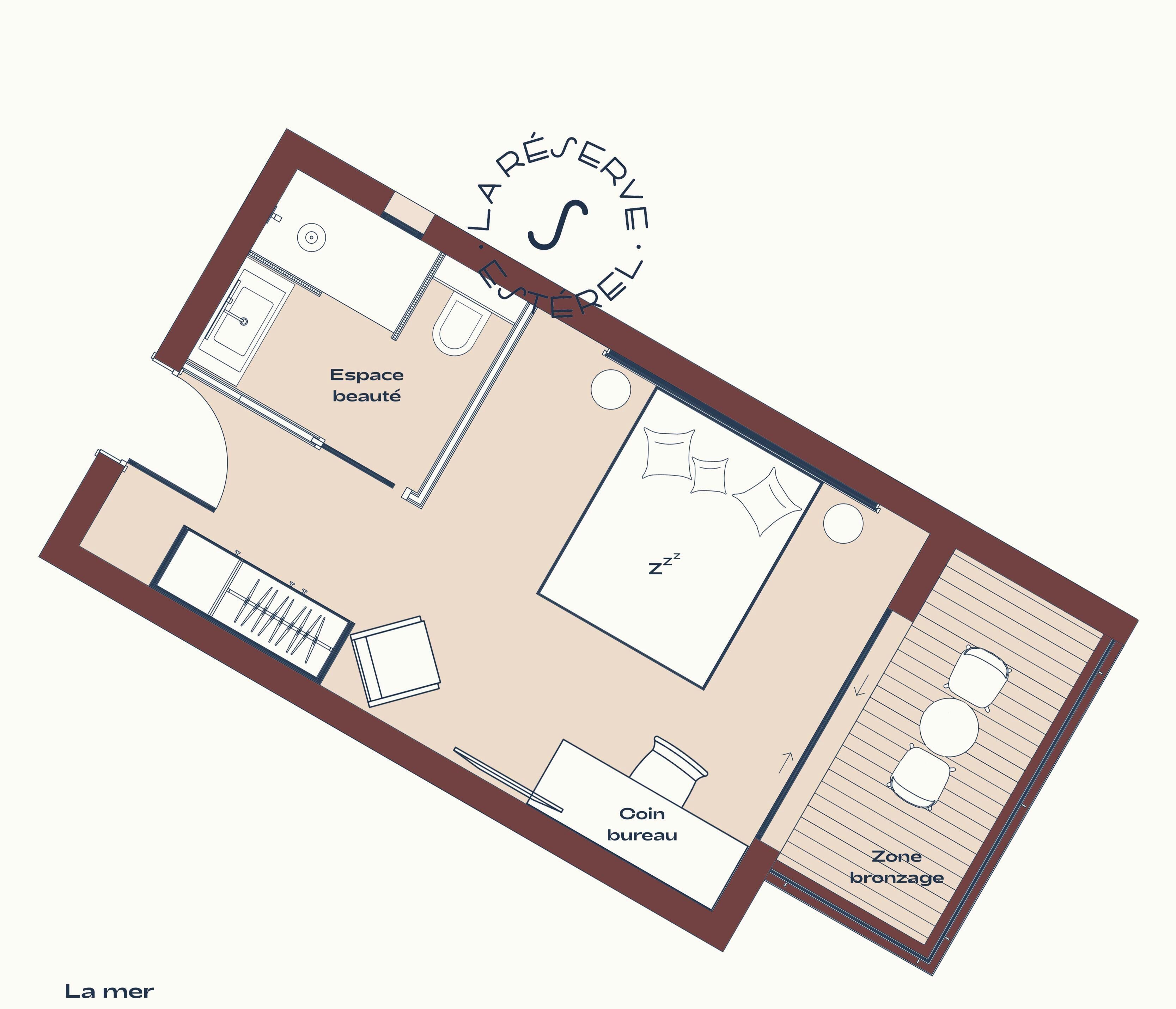 Een plattegrond van een hotel met een 'Zone bronzone' eetgedeelte, een 'Coin bureau' voor valutawissel, een 'Zone zzz' voor slapen, en een 'Space beauté' voor ontspanning.