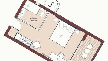 Een plattegrond van een hotel met een 'Zone bronzone' eetgedeelte, een 'Coin bureau' voor valutawissel, een 'Zone zzz' voor slapen, en een 'Space beauté' voor ontspanning.