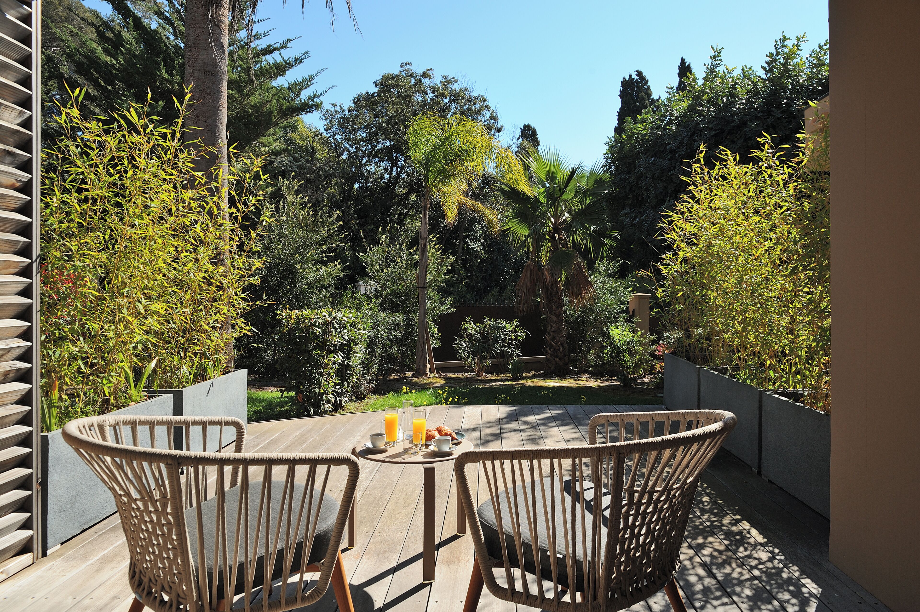 Un patio in legno con sedie in vimini, un tavolo imbandito per la colazione e vista su un giardino con diversi alberi e una palma.