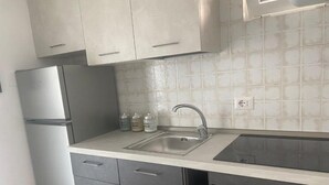 A compact kitchen with a stainless steel refrigerator, a double sink, and a dishwasher. - The Attico (Bari)