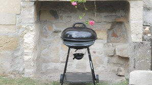 A stone fireplace with potted plants and a black grill. - Loré Cottage Near Amboise and Chenonceaux (Montlouis-sur-Loire)