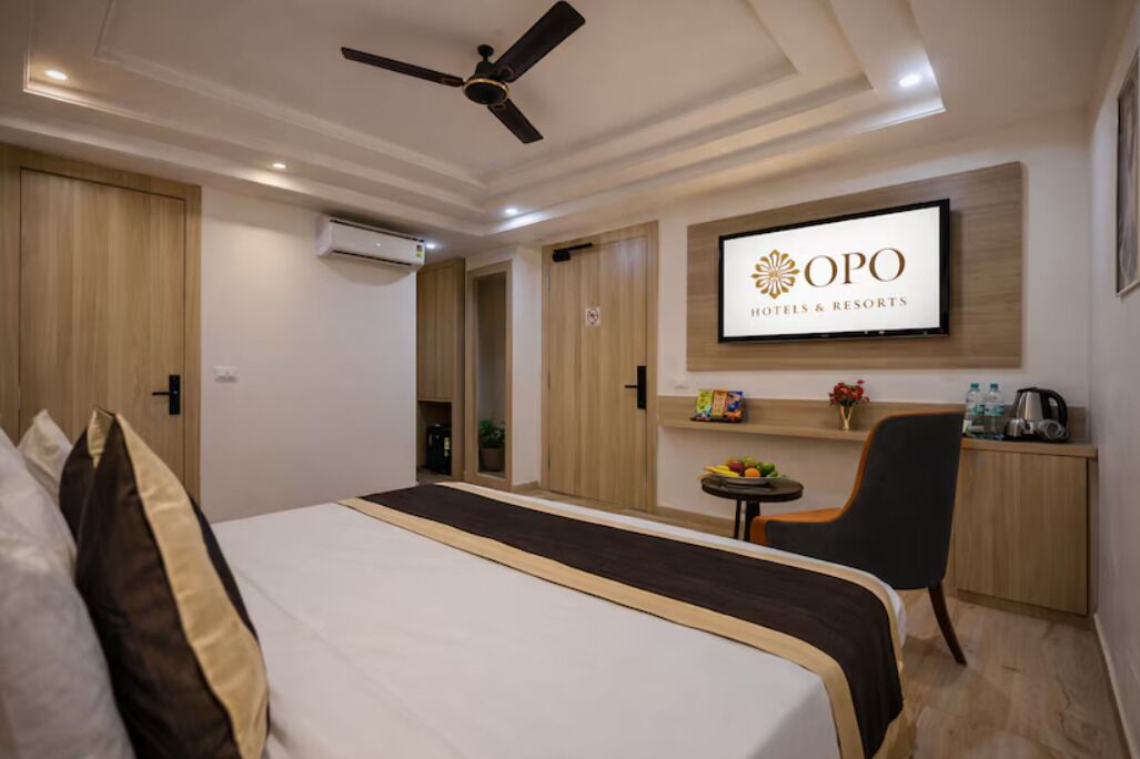 A hotel room with a bed, a desk, a chair, a TV mounted on the wall, and a ceiling fan.