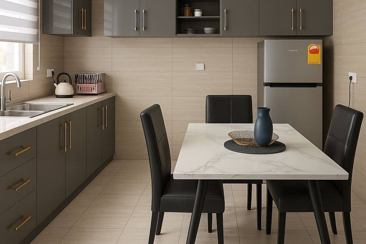 Een moderne keuken met donkergrijze kastjes, een inbouwoven en een eethoek met een marmeren tafel en zwarte stoelen.
