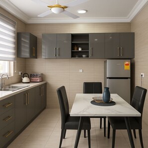 Deluxe Apartment, City View | Private kitchen | Full-size fridge, microwave, dishwasher, cookware/dishes/utensils - Deutsch Inn Luxury Apt (Weija)