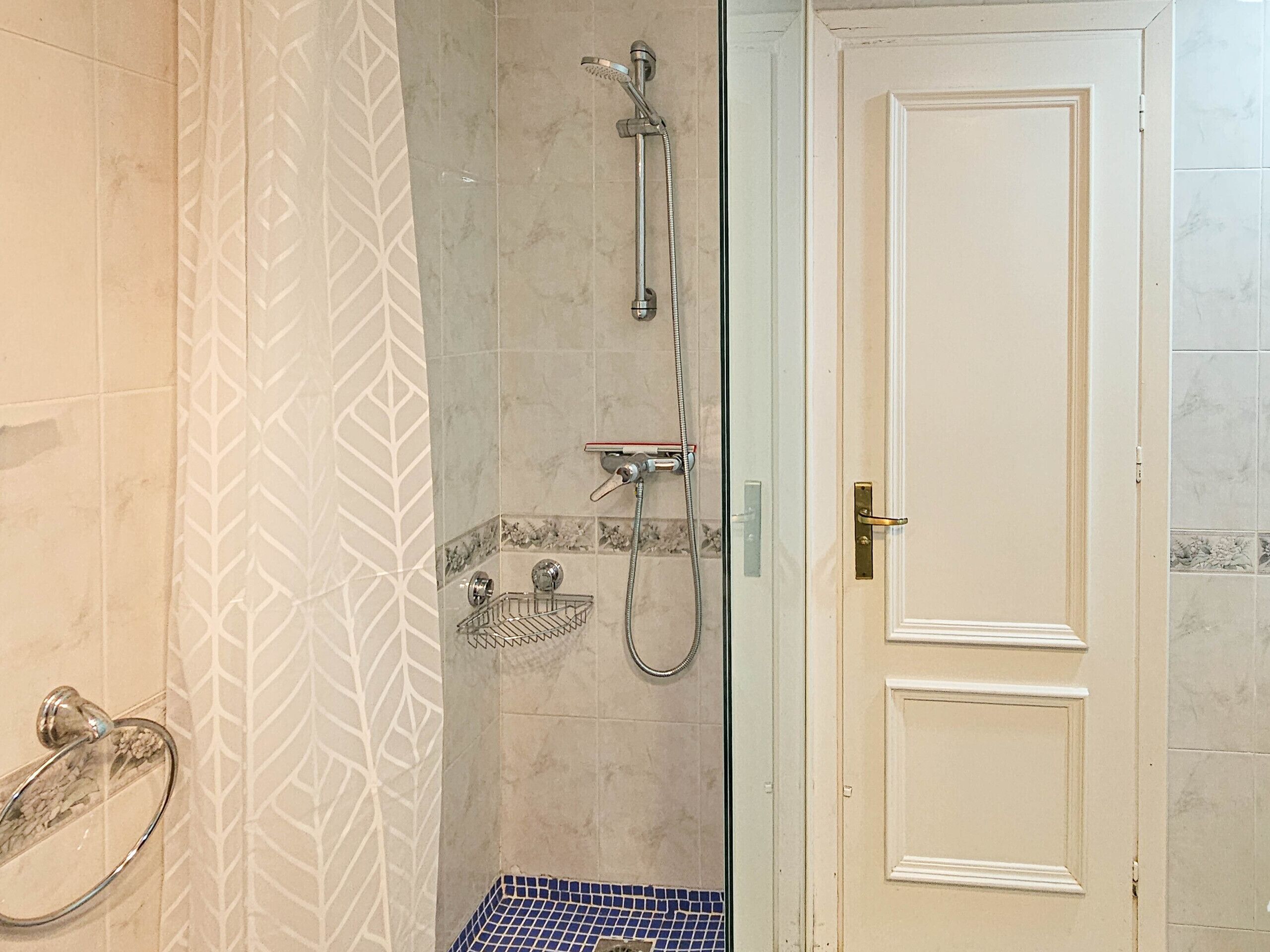 Une salle de bain avec une douche, un porte-serviettes et une porte.
