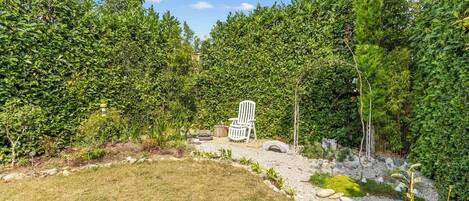 A garden with a white chair, dense foliage, and a clear sky.