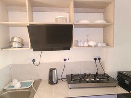 Apartamento estándar, 3 habitaciones, no fumadores, balcón | Cocina privada | Microondas, horno y utensilios de cocina