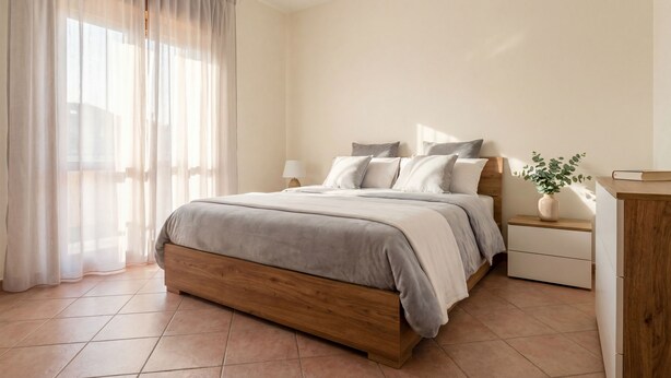 A bedroom with a wooden bed, white bedding, a bedside table with a lamp, a nightstand, and a potted plant. - Apollo Apartment (Palermo)