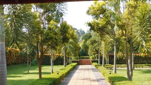 A pathway leading through a garden with neatly trimmed hedges and trees. - Extreme Adventure Park (Busika)