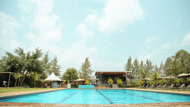 A swimming pool with lounge chairs and umbrellas, surrounded by trees and a covered pavilion. - Extreme Adventure Park (Busika)