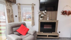Una sala de estar con un sofá gris, un televisor de pantalla plana, una chimenea y una ventana con cortinas.