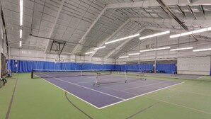 An indoor tennis court with a green playing surface, blue curtains, and a net. - Poconos Retreat in The Hideout Lake Community! (Lake Ariel)