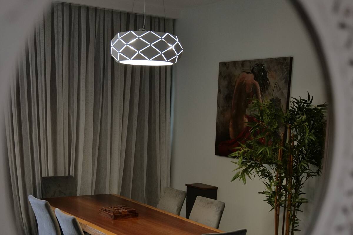 Un comedor con una mesa de madera, sillas, una lámpara colgante, un cuadro en la pared y una planta en maceta.