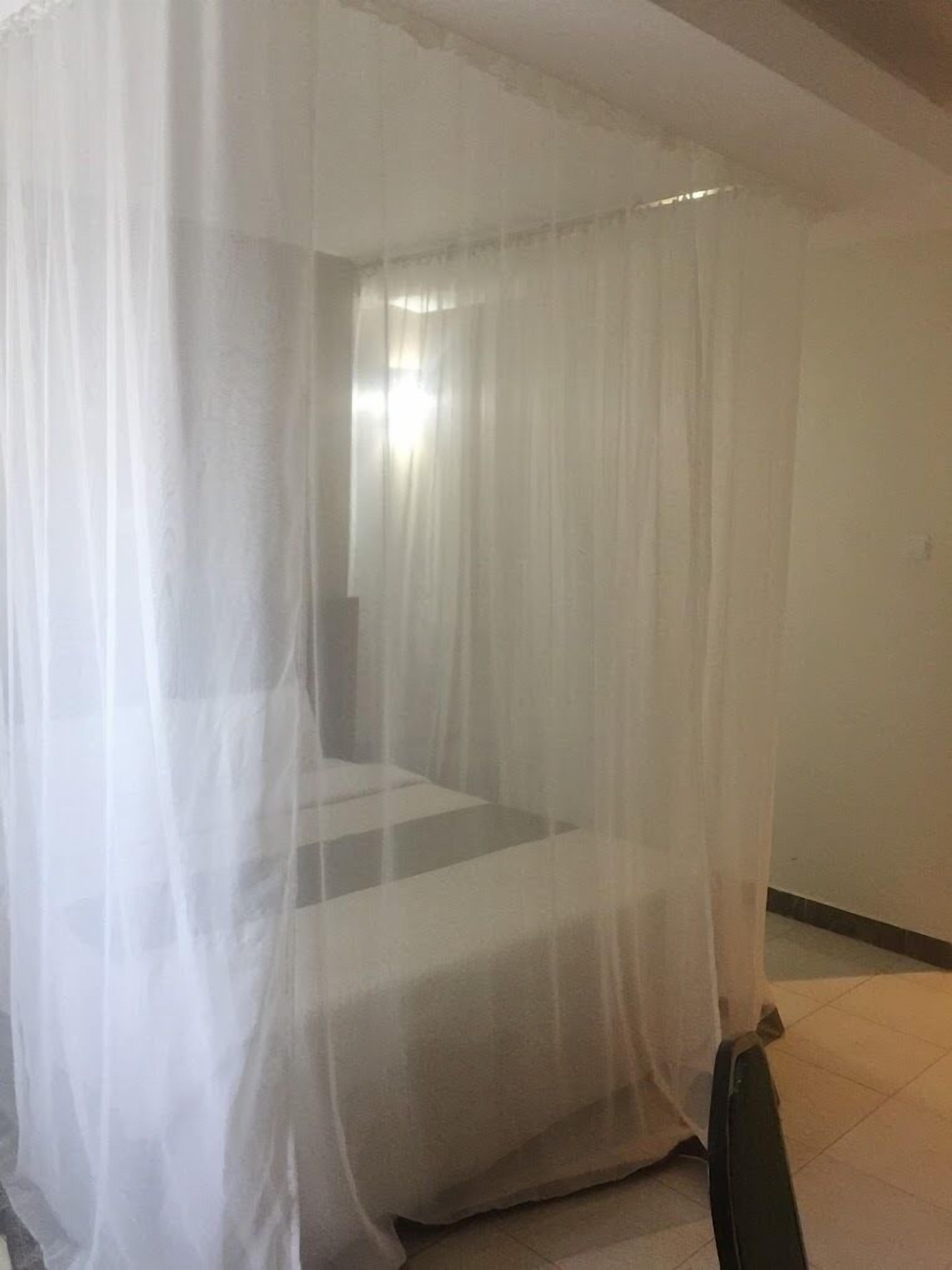 A room with a bed under a white canopy.