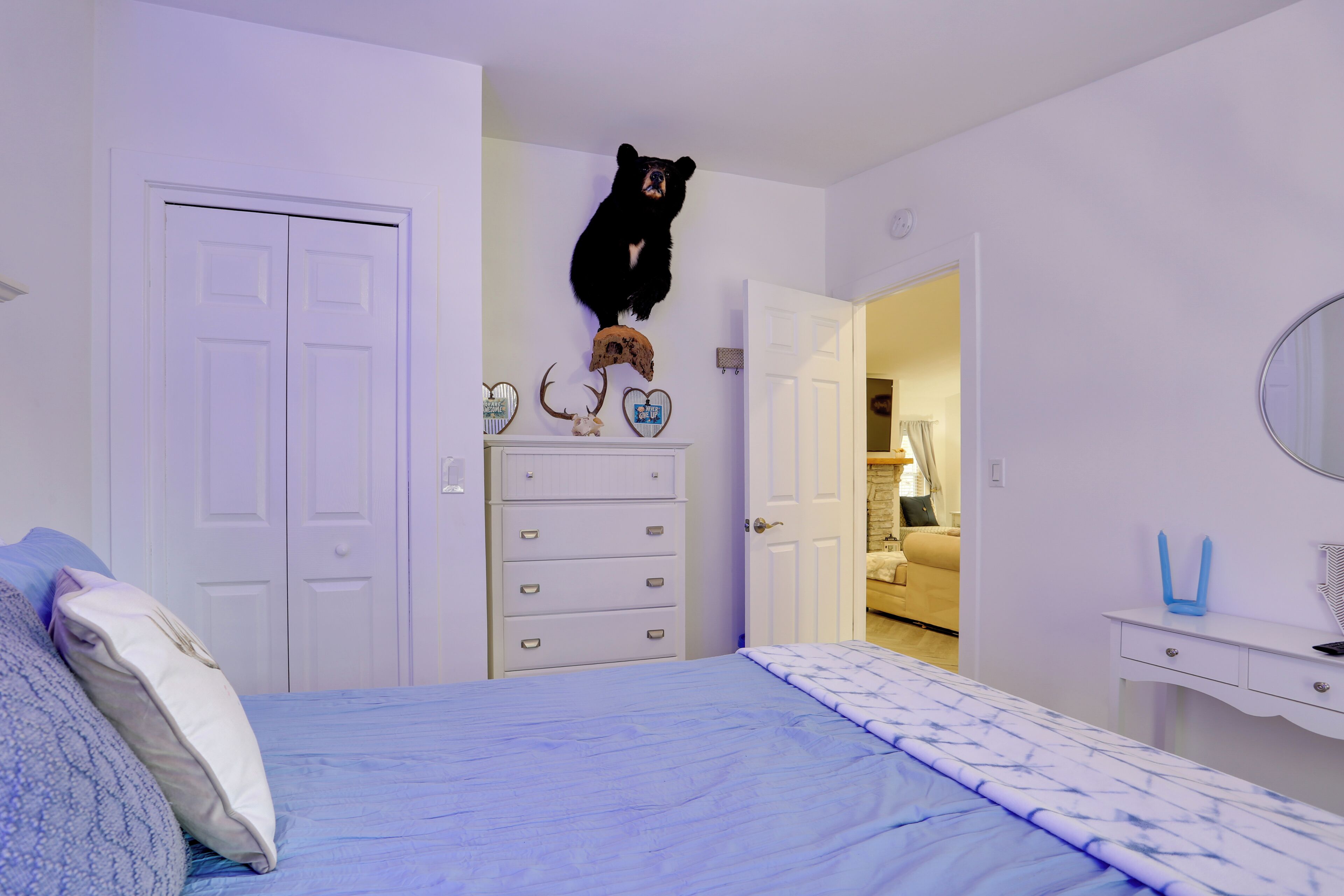 A bedroom with a bed, a dresser, a mirror, and a mounted bear head on the wall.