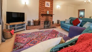 Een woonkamer met een open haard van baksteen, een flatscreen-tv, een blauwe bank en een kleurrijk vloerkleed.
