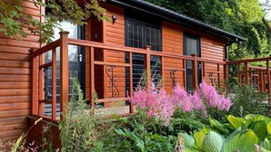 Une cabane en bois dotée d’un porche, entourée d’une végétation luxuriante et de plantes en fleurs.