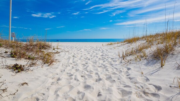 A sandy beach path with dunes and sparse vegetation. - Regatta Condominiums 106b 3 Bedroom Condo (Gulf Shores)
