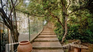 Ein Weg mit Stufen führt durch einen Garten, begrenzt von einem Metallzaun und umgeben von Bäumen und Grün.