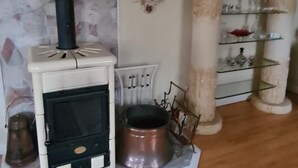 Une pièce avec une cheminée, un mur en pierre et un plancher en bois.