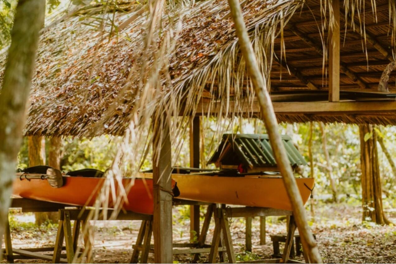 A rustic wooden structure with a thatched roof, a table, and a bench.