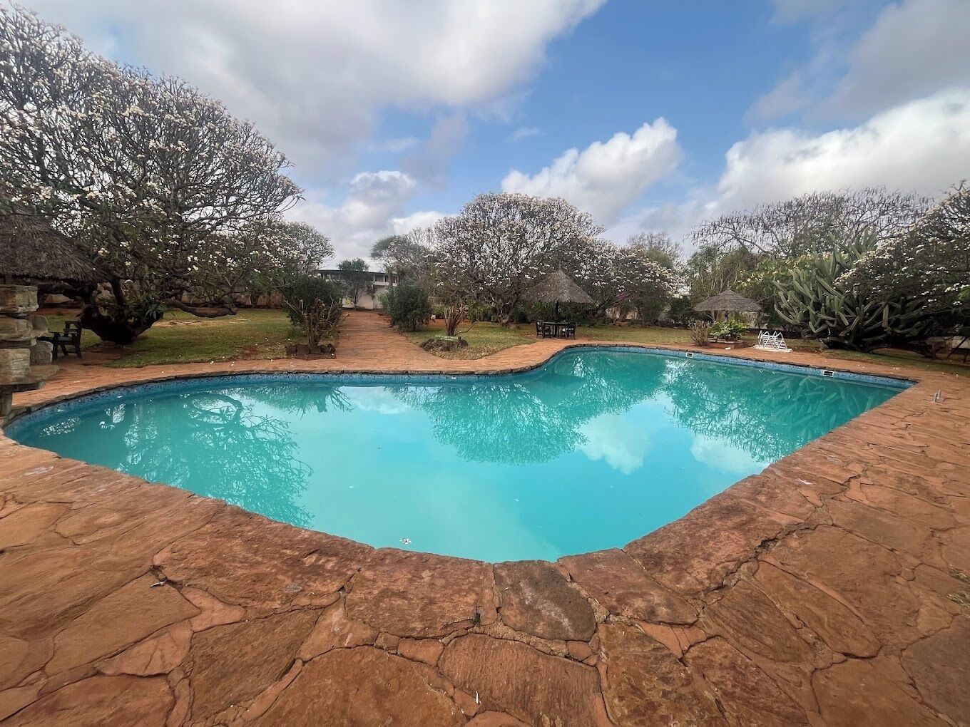 Una piscina con borde de piedra, rodeada de árboles y una estructura con techo de paja.
